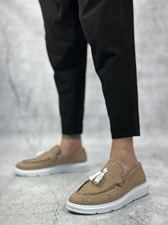 BA0005 Bağcıksız Yüksek Taban Klasik Keten Hardal Püsküllü Erkek Ayakkabı