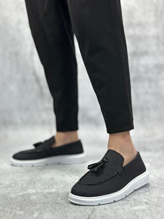 BA0005 Bağcıksız Yüksek Taban Klasik Keten Siyah Püsküllü Erkek Ayakkabı