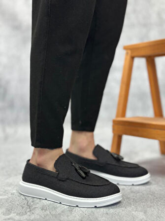 BA0005 Bağcıksız Yüksek Taban Klasik Keten Siyah Püsküllü Erkek Ayakkabı