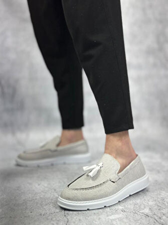 BA0005 Bağcıksız Yüksek Taban Klasik Yeni Keten Gri Püsküllü Erkek Ayakkabı