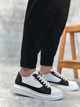 BA0423  Kalın Yüksek Taban Beyaz Siyah Bağcıklı Spor Erkek Ayakkabı