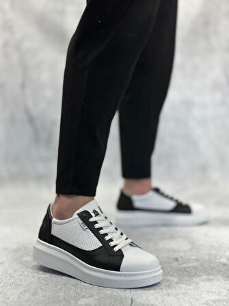 BA0423  Kalın Yüksek Taban Beyaz Siyah Bağcıklı Spor Erkek Ayakkabı