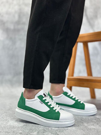 BA0423  Kalın Yüksek Taban Beyaz Yeşil Bağcıklı Spor Erkek Ayakkabı