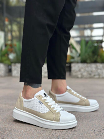 BA0423 BOA Kalın Yüksek Taban Beyaz Krem Bağcıklı Spor Erkek Ayakkabı