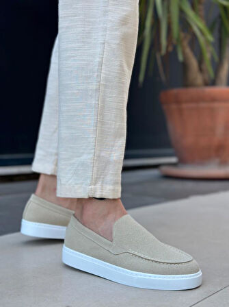 BA0241 Bağcıksız Yüksek Taban Bej Süet Erkek Ayakkabı