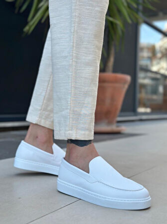 BA0241 Bağcıksız Yüksek Taban Beyaz Cilt Erkek Ayakkabı