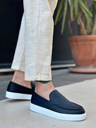 BA0241 Bağcıksız Yüksek Taban Siyah Beyaz Taban Cilt Erkek Ayakkabı