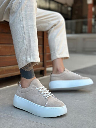 LE11 Bağcıklı Erkek Yüksek Taban İthal Süet Krem Spor Ayakkabı