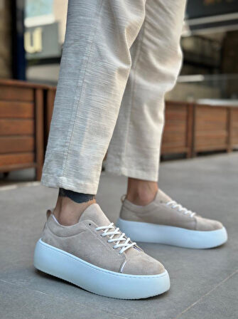 LE11 Bağcıklı Erkek Yüksek Taban İthal Süet Krem Spor Ayakkabı