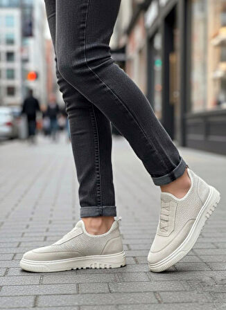 BA0911 Özel Örme Triko Deri Tozu Detaylı Bej Günlük Spor Ayakkabı