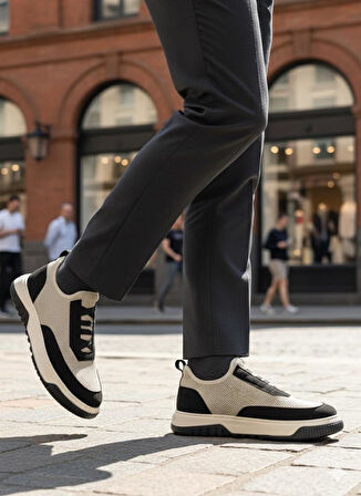 BA0911 Özel Örme Triko Deri Tozu Detaylı Bej Siyah Günlük Spor Ayakkabı