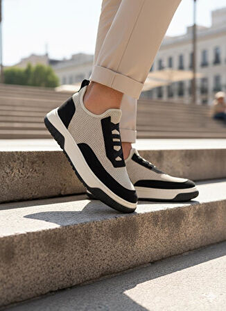 BA0911 Özel Örme Triko Deri Tozu Detaylı Bej Siyah Günlük Spor Ayakkabı