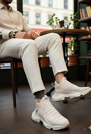 BA0401 Bağcıksız Rahat Yüksek Taban Krem Erkek Spor Yarım Bilek Bot