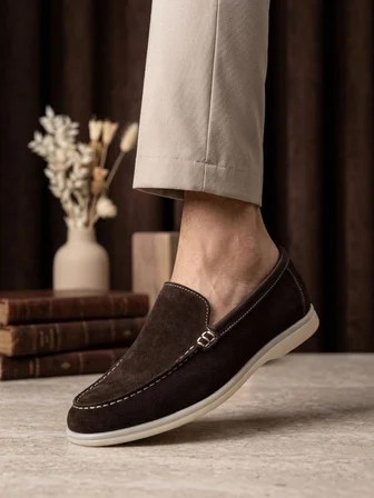 BA0252 %100 İçi Dışı Hakiki Deri Erkek Kahverengi Süet Casual Loafer Termo Taban Ayakkabı