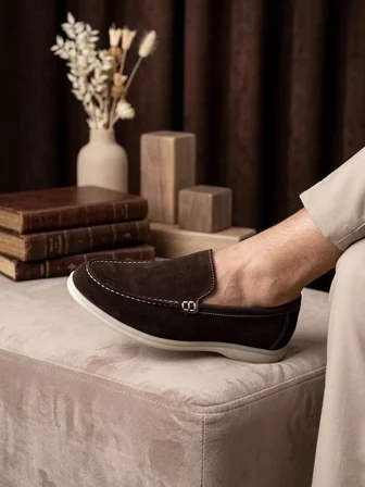 BA0252 %100 İçi Dışı Hakiki Deri Erkek Kahverengi Süet Casual Loafer Termo Taban Ayakkabı