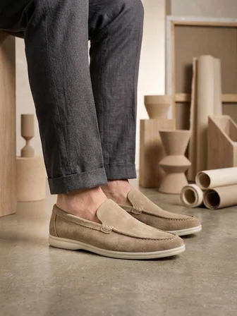 BA0252 %100 İçi Dışı Hakiki Deri Erkek Krem Süet Casual Loafer Termo Taban Ayakkabı