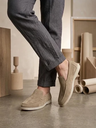BA0252 %100 İçi Dışı Hakiki Deri Erkek Krem Süet Casual Loafer Termo Taban Ayakkabı