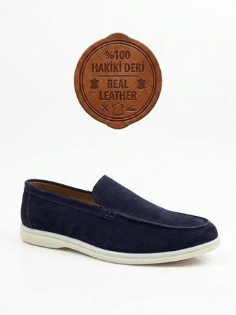 BA0252 %100 İçi Dışı Hakiki Deri Erkek Lacivert Süet Casual Loafer Termo Taban Ayakkabı