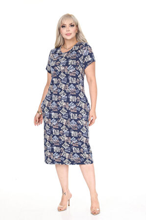 Büyük Beden Likralı Viskon Cepli Desenli Elbise 45C-2696