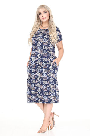 Büyük Beden Likralı Viskon Cepli Desenli Elbise 45C-2696