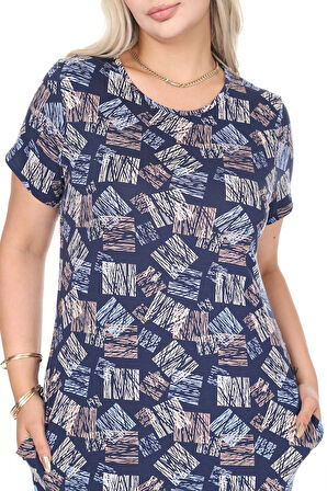 Büyük Beden Likralı Viskon Cepli Desenli Elbise 45C-2696