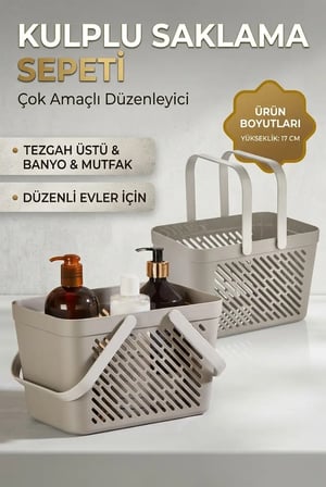 6'lı Gri Çok Amaçlı Organizer Sepet Kulplu Mutfak Banyo Saklama Seti
