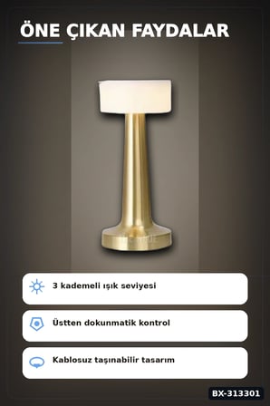 Dokunmatik Metal Gövdeli 3 Kademeli LED Masa Lambası - USB Şarjlı Tekli Paket BX-313301
