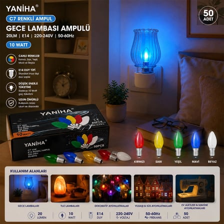 50 Adet Mix Renkli Gece Lambası Ampul E14 - 10w C7 Bx40