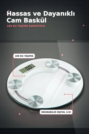 Temperli Cam 180 Kg Kapasiteli Dokunmatik Baskül - Şeffaf Dijital Tartı, Ev Kullanımı BX-313434