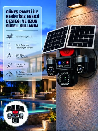Güneş Enerjili 4 Lensli Dış Mekan Güvenlik Kamerası IP66 Su Geçirmez