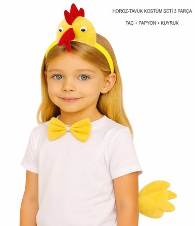 Çocuk Horoz Tavuk Kostüm Seti 3 Parça (taç + Papyon + Kuyruk) Bx40