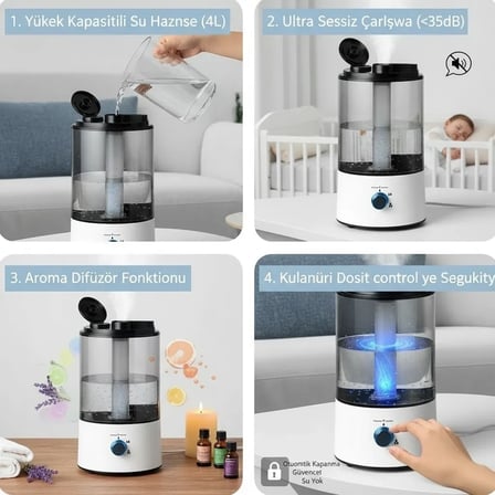 RBH-04 Ultrasonik Hava Nemlendirici 4 Litre Buhar Makinesi Aroma Difüzörü - Otomatik Kapanma