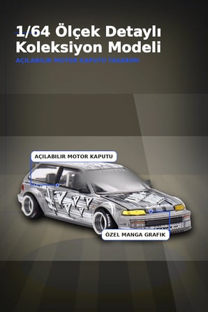 Manga Desenli 1/64 Ölçek Diecast Honda Civic EF Model Araba - Tekli Rastgele Paket BX-313375