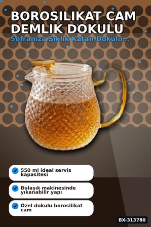 550 Ml Borosilikat Cam Demlik Isıya Dayanıklı Dokulu Gövdeli Kapaklı Detay BX-313780