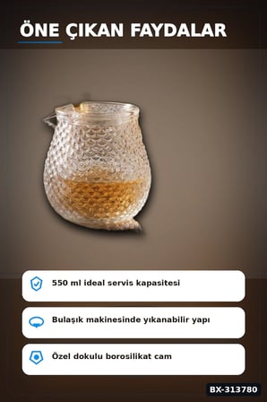 550 Ml Borosilikat Cam Demlik Isıya Dayanıklı Dokulu Gövdeli Kapaklı Detay BX-313780