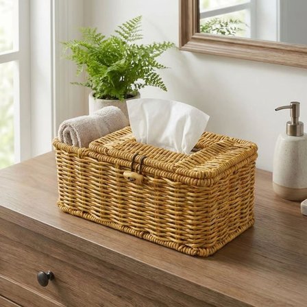 Bölmeli Kapaklı Doğal Rattan Görünümlü Hasır Makyaj, Takı Ve Havlu Düzenleyici – Peçetelikli Çok Amaçlı Masaüstü Organizer Sepet Bx40