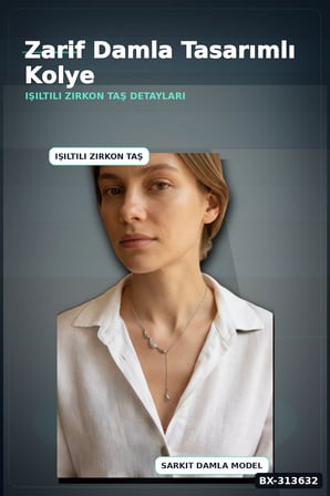 Zirkon Taşlı Damla Model Pirinç Kadın Kolyesi, 45 cm Zincirli Gümüş Renk Takı BX-313632