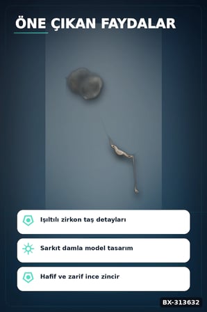 Zirkon Taşlı Damla Model Pirinç Kadın Kolyesi, 45 cm Zincirli Gümüş Renk Takı BX-313632