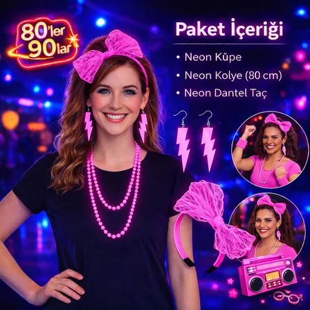 80’ler 90’lar Neon Pembe Parti Seti – Kolye Küpe Taç Bx40