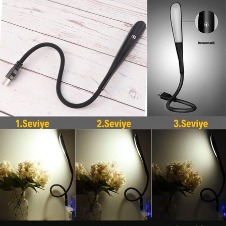 Usb Girişli 14 Ledli 3 Kademeli Dokunmatik Masa/kitap Okuma Lambası Ledi Siyah Bx40