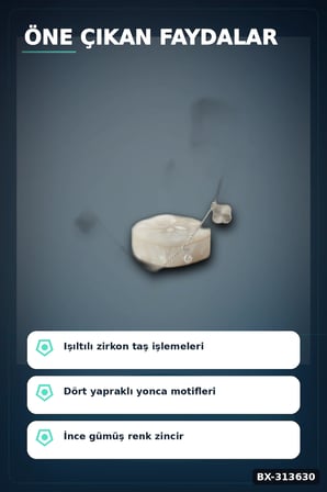 Zirkon Taşlı Yonca Desenli Gümüş Renk Pirinç Kadın Kolye 45 cm Zincirli BX-313630