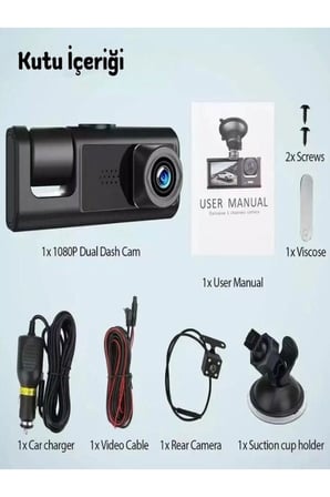 1080p 3 Kameralı Araç İçi Kamera IPS Ekranlı Ultra Geniş Açılı Gece Görüşlü G Sensörlü