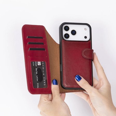 Apple iPhone 17 Pro için, Hakiki Deri, El Yapımı Cüzdanlı Kılıf, Magsafe ile uyumlu, İç Yüzeyi Kadife, Kırmızı