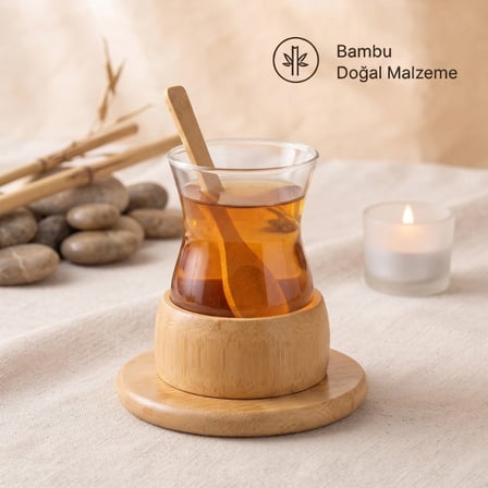 18 Parça Bambu Çay Seti - 6 Çay Bardağı - Borosilikat Cam