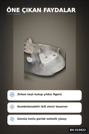 Zirkon Taşlı Çiftli Kutup Yıldızı Kolye 2 Adet 45 cm Zincir Pirinç Kadın Takı BX-313622