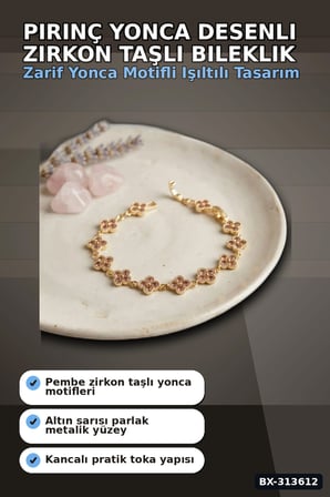 Pirinç Yonca Desenli Zirkon Taşlı Kadın Bileklik - Tekli Paket, Rengi Zarif Aksesuar BX-313612