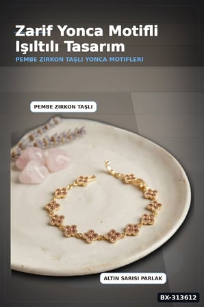 Pirinç Yonca Desenli Zirkon Taşlı Kadın Bileklik - Tekli Paket, Rengi Zarif Aksesuar BX-313612