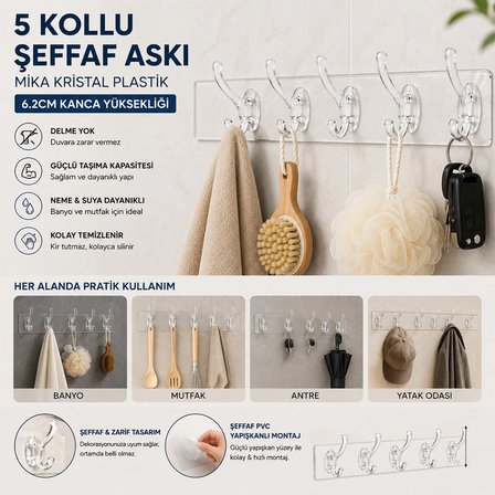 Silikon 5 Kollu Şeffaf Yapışkan Askı Bx40
