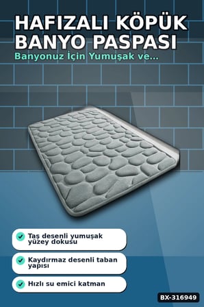 Hafızalı Köpük Banyo Paspası Gri Kaydırmaz Tabanlı Emici Ayak Paspas 1 Adet BX-316949