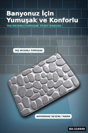 Hafızalı Köpük Banyo Paspası Gri Kaydırmaz Tabanlı Emici Ayak Paspas 1 Adet BX-316949